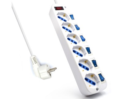 Ewent EW3932 Regleta con 6 Tomas de Corriente - Proteccion contra Sobretensiones - Interruptores Individuales. Color Blanco