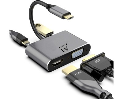 Ewent Hub 4 en 1 - HDMI - VGA - USB 3.2 Gen1 - USB-C PD 60W - Color Aluminio