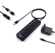 Ewent Hub USB 7 en 1 - Alimentacion Externa - Interruptores Individuales - Incluye Adaptador USB-C - Cable de 1.2m - Color Negro