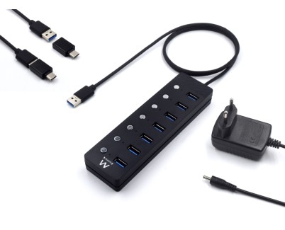 Ewent Hub USB 7 en 1 - Alimentacion Externa - Interruptores Individuales - Incluye Adaptador USB-C - Cable de 1.2m - Color Negro