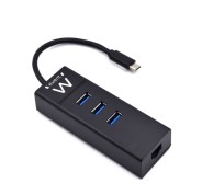 Ewent Hub USB-C 4 en 1 - 3x USB-A - 1x RJ45 - hasta 1000Mbps - Cable de 15cm - Color Negro