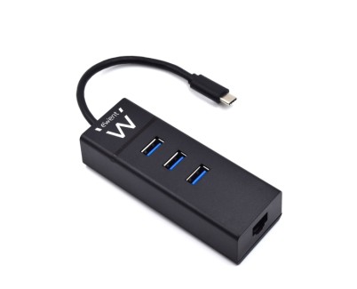 Ewent Hub USB-C 4 en 1 - 3x USB-A - 1x RJ45 - hasta 1000Mbps - Cable de 15cm - Color Negro