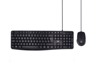 Ewent Paquete con Cable KB+RATON - Teclado de Oficina -Cable USB-A de 1.35m - Raton de oficina - 1000dpi - Cable USB-A de 1.35m - Color Negro