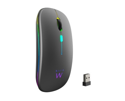 Ewent Raton Inalambrico - Receptor USB-A de 2.4GHz- Bluetooth 5.1 - Recargable - Luces RGB - 4 Botones - Bateria de Litio de 500mAh - Color Negro