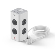 Ewent Regleta con 12 Tomas de Sobremesa - 8x Schuko 16A - 2x USB-A - 2x USB-C - Interruptor On/Off - Proteccion Infantil - Forma de Torre - Cable de 2m - Color Blanco/Gris