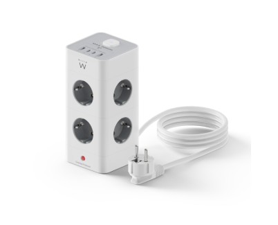 Ewent Regleta con 12 Tomas de Sobremesa - 8x Schuko 16A - 2x USB-A - 2x USB-C - Interruptor On/Off - Proteccion Infantil - Forma de Torre - Cable de 2m - Color Blanco/Gris