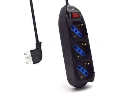 Ewent Regleta con 3 Tomas Tipo L/F (Schuko) de 10/16A - Interruptor On/Off - Enchufe Italiano Plano en Angulo - Cable de 1.5m - Color Negro