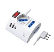 Ewent Regleta con 6 Tomas de Sobremesa - 2 Tomas L + 1 Toma L/F (Schuko) - 2x USB-A - 1x USB-C - Enchufe Italiano Plano en Angulo - Interruptor On/Off - Cable de 1.5m - Color Blanco