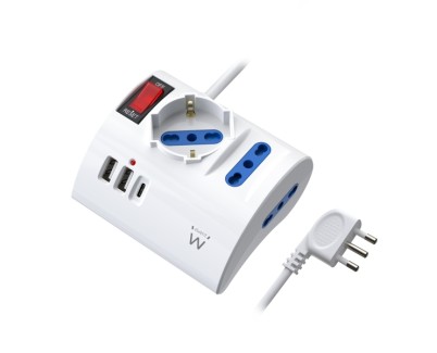 Ewent Regleta con 6 Tomas de Sobremesa - 2 Tomas L + 1 Toma L/F (Schuko) - 2x USB-A - 1x USB-C - Enchufe Italiano Plano en Angulo - Interruptor On/Off - Cable de 1.5m - Color Blanco