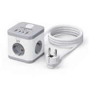 Ewent Regleta con 6 Tomas de Sobremesa - 3x Schuko 16A - 2x USB-A - 2x USB-C - Proteccion Infantil - Interruptor On/Off - Forma de Cubo - Cable de 1.5m - Color Blanco/Gris