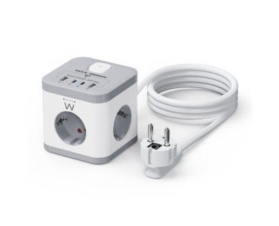 Ewent Regleta con 6 Tomas de Sobremesa - 3x Schuko 16A - 2x USB-A - 2x USB-C - Proteccion Infantil - Interruptor On/Off - Forma de Cubo - Cable de 1.5m - Color Blanco/Gris