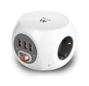 Ewent Regleta con 6 Tomas de Sobremesa - 3x Schuko 16A - 3x USB-A - Interruptor On/Off - Cable de 1.5m - Forma de Cubo - Color Blanco/Gris