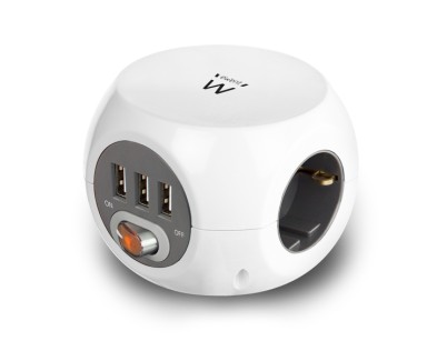 Ewent Regleta con 6 Tomas de Sobremesa - 3x Schuko 16A - 3x USB-A - Interruptor On/Off - Cable de 1.5m - Forma de Cubo - Color Blanco/Gris