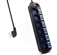 Ewent Regleta con 6 Tomas Tipo L/F (Schuko) de 10/16A - Interruptor On/Off General e Individual - Proteccion contra Sobretensiones - Proteccion Infantil - Enchufe Italiano Plano en Angulo - Cable de 1.5m - Color Negro