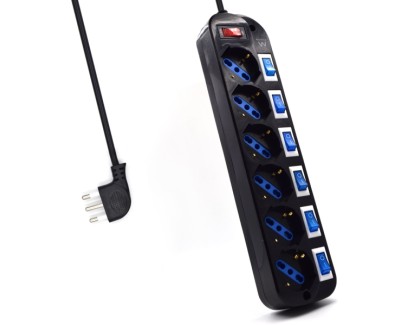 Ewent Regleta con 6 Tomas Tipo L/F (Schuko) de 10/16A - Interruptor On/Off General e Individual - Proteccion contra Sobretensiones - Proteccion Infantil - Enchufe Italiano Plano en Angulo - Cable de 1.5m - Color Negro