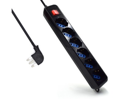 Ewent Regleta con 6 Tomas Tipo L/F (Schuko) de 10/16A - Interruptor On/Off - Proteccion contra Sobretensiones - Proteccion Infantil - Enchufe Italiano Plano en Angulo - Cable de 1.5m - Color Negro