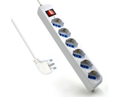 Ewent Regleta con 6 Tomas Tipo L/F (Schuko) de 10/16A - Interruptor On/Off - Proteccion contra Sobretensiones - Proteccion Infantil - Enchufe Italiano Plano en Angulo - Cable de 5m - Color Blanco
