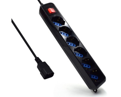 Ewent Regleta con 6 Tomas Tipo L/F (Schuko) para SAI - Proteccion contra Sobretension - Proteccion Infantil - Interruptor On/Off - Enchufe Vde - Cable de 1.5m - Color Negro