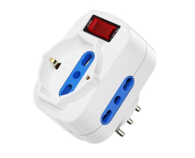 Ewent Regleta de 3 Tomas de Pared - 3x Tomas Italianas Tipo L/ Schuko de 10/16A - 2 Tomas L + 1 Toma L/F (Schuko) - Interruptor On/Off - Proteccion Infantil - Enchufe Italiano Giratorio - Color Blanco