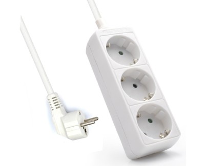 Ewent Regleta de 3 Tomas Schuko 16A - Proteccion Infantil - Cable de 1.5m - Enchufe Schuko Plano en Angulo - Color Blanco