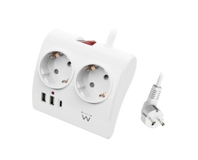 Ewent Regleta de 5 Tomas de Sobremesa - 2x Schuko 16A - 2x USB-A - 1x USB-C - Interruptor On/Off - Cable de 1.5m - Color Blanco