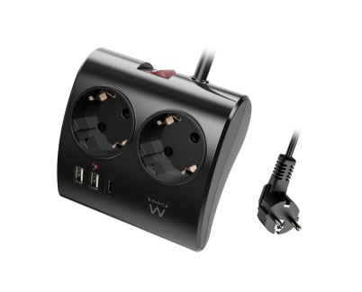 Ewent Regleta de 5 Tomas de Sobremesa - 2x Schuko 16A - 2x USB-A - 1x USB-C - Interruptor On/Off - Cable de 1.5m - Color Negro