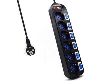 Ewent Regleta de 6 Tomas de Seguridad - 6x Schuko 16A - Proteccion contra Sobretension - Interruptor On/Off General e Individuales - Proteccion Infantil - Cable de 1.5m - Color Negro