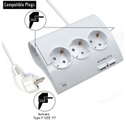 Ewent Regleta de Energia - 5 enchufes - Version Schuko - 16A -  2 Puertos USB - Cable de 1.5m - Color Blanco