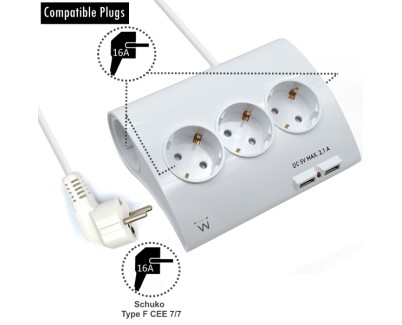 Ewent Regleta de Energia - 5 enchufes - Version Schuko - 16A -  2 Puertos USB - Cable de 1.5m - Color Blanco