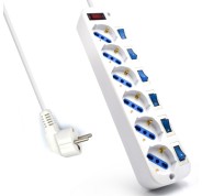 Ewent Regleta de Energia - 6 enchufes - Version Schuko - 16A con Interruptor de Encendido/Apagado en cada Puerto - Protector contra Sobretensiones - Cable de 5m - Color Blanco