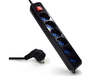 Ewent Regleta de Energia - 6 Enchufes - Version Schuko - 16A con Interruptor de Encendido/Apagado - Proteccion contra Sobrecarga - Cable de 1.5m - Color Negro