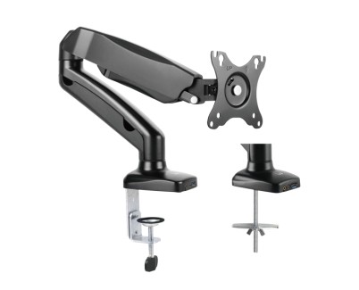 Ewent Soporte de Mesa con Brazo Articulado para Monitor hasta 34\" - Resorte de Gas - Giratorio e Inclinable - Gestion de Cables - Peso Maximo 9kg - VESA 100x100 - 1x USB-A 3.1 Gen1 - Entrada Jack y Microfono - 117x610x370mm - Color Negro