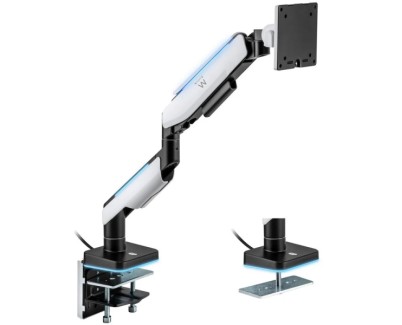 Ewent Soporte de Mesa RGB para Monitor/TV - Giratorio e Inclinable - Iluminacion RGB - Acero y Aluminio - Compatible Vesa - Carga Maxima 20Kg - Brazo Articulado - Sistema de Pasacables - Color Blanco