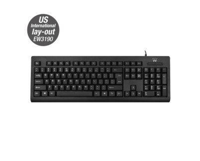 Ewent Teclado con Cable USB - Perfil Delgado - Patas Ajustables - Disposicion Inglesa QWERTY US - Cable de 1.35m - Color Negro