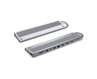 Ewent USB-C Dock 12 en 1 - 1x USB-C, 3x USB 3.2 Gen1, 2x HDMI 4K/60Hz, 1x DisplayPort 4K/60Hz, SD/TF 2.0, Audio, RJ45 Gb, 1x USB-C PD 100W - Color Plata