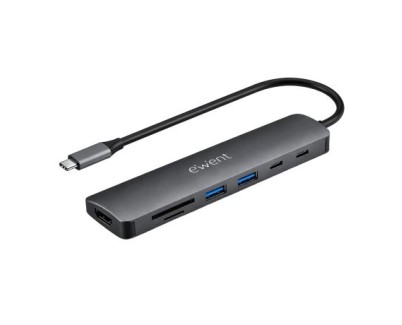 Ewent USB-C Dock 7 en 1 - 1x USB-C, 2x USB-A 3.2 Gen1, 1x HDMI 4K/60Hz, 1x SD/TF 2.0, 1x MicroSD, 1x USB-C PD 100W - Color Gris