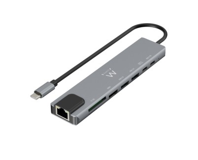 Ewent USB-C Dock 8 en 1 - HDMI 4K - PD 87W - USB-C - 2xUSB-A - LAN - Lector de tarjetas - Color Plata
