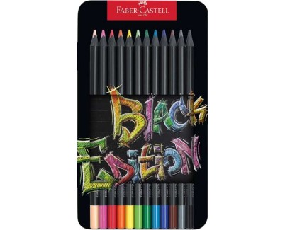 Faber-Castell Black Edition Caja Metalica de 12 Lapices de Colores - Mina Supersuave - Madera Negra - Ideales para Dibujo sobre Papel Claro, Oscuro y de Colores - Colores Surtidos