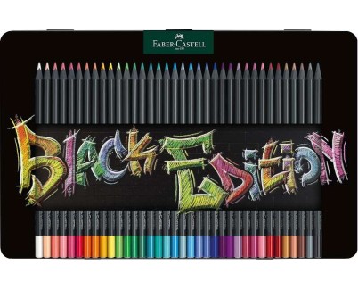 Faber-Castell Black Edition Caja Metalica de 36 Lapices de Colores - Mina Supersuave - Madera Negra - Ideales para Dibujo sobre Papel Claro, Oscuro y de Colores - Colores Surtidos