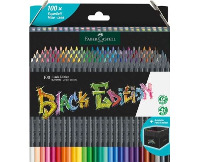 Faber-Castell Black Edition Pack de 100 Lapices de Colores - Mina Supersuave - Madera Negra - Ideales para Dibujo sobre Papel Claro, Oscuro y de Colores - Colores Surtidos