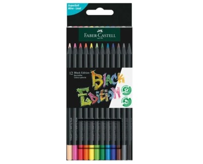 Faber-Castell Black Edition Pack de 12 Lapices de Colores - Mina Supersuave - Madera Negra - Ideales para Dibujo sobre Papel Claro, Oscuro y de Colores - Colores Surtidos