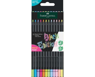 Faber-Castell Black Edition Pack de 12 Lapices de Colores Neon+Pastel - Mina Supersuave - Madera Negra - Ideales para Dibujo sobre Papel Claro, Oscuro y de Colores - Colores Surtidos