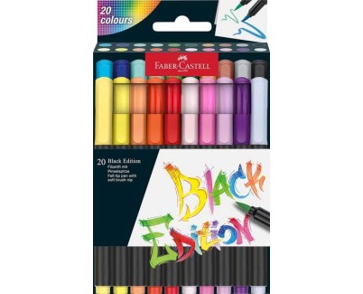 Faber-Castell Black Edition Pack de 20 Rotuladores Punta Pincel - Tinta a Base de Colorantes Alimentarios - Colores Surtidos