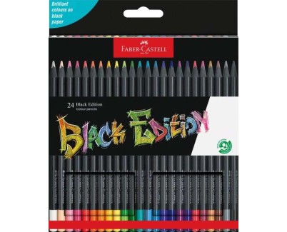 Faber-Castell Black Edition Pack de 24 Lapices de Colores - Mina Supersuave - Madera Negra - Ideales para Dibujo sobre Papel Claro, Oscuro y de Colores - Colores Surtidos