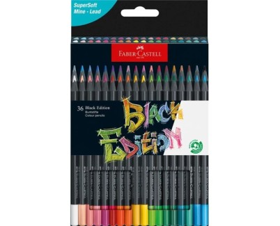 Faber-Castell Black Edition Pack de 36 Lapices de Colores - Mina Supersuave - Madera Negra - Ideales para Dibujo sobre Papel Claro, Oscuro y de Colores - Colores Surtidos