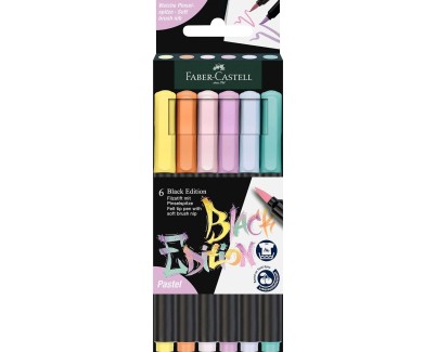 Faber-Castell Black Edition Pack de 6 Rotuladores Punta Pincel - Tinta a Base de Colorantes Alimentarios - Colores Pastel Surtidos