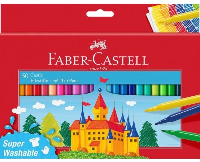 Faber-Castell Castle Pack de 50 Rotuladores - Tinta con Base de Agua Lavable - Colores Surtidos