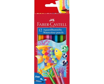 Faber-Castell Classic Colour Acuarelable Pack de 12 Lapices de Colores Hexagonales Acuarelables + Pincel - Resistencia a la Rotura - Colores Surtidos