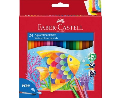 Faber-Castell Classic Colour Acuarelable Pack de 24 Lapices de Colores Hexagonales Acuarelables + Pincel - Resistencia a la Rotura - Colores Surtidos