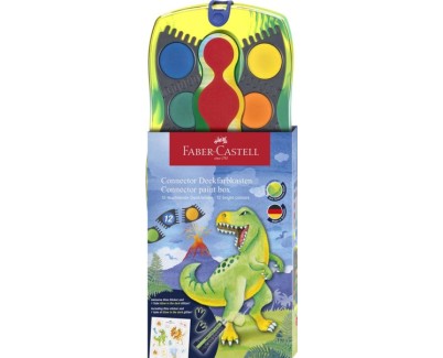 Faber-Castell Connector Dinosaurio Pack de 12 Acuarelas en Pastilla + Pintura Blanca Opaca + Pegatinas - Gran Opacidad - Facilmente Mezclables - Colores Surtidos